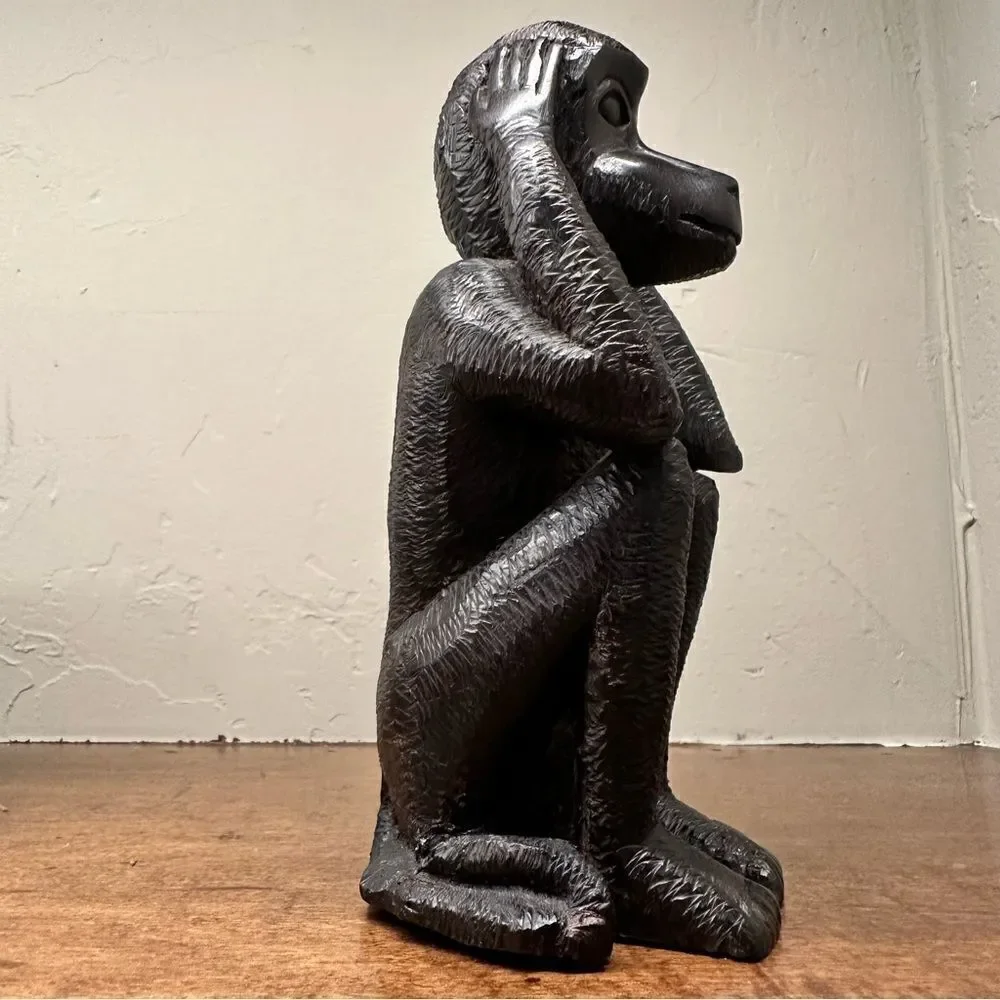 Vintage | Hand Carved ebony wood “HEAR NO EVIL” monkey wooden statue 6.5” - Picture 3 of 11